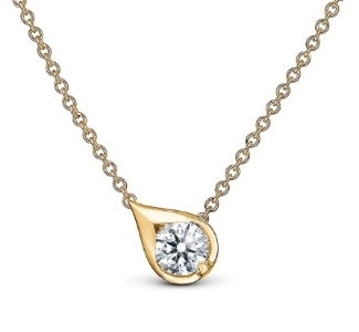 Hearts On Fire LU droplet pendant in yellow gold with a round diamond