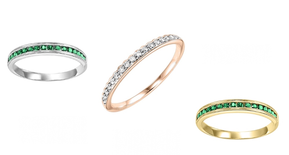 White gold with round emeralds ring, rose gold with diamonds ring, and a yellow gold and round emeralds ring all by Rottermond Stackables.