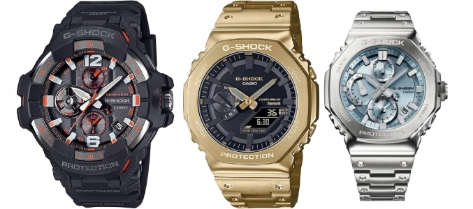 Three different G-Shock watches in black, gold, and silver - all available for him at Rottermond Jewelers