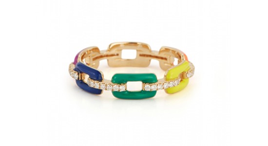 a yellow gold and diamond ring with colorful links