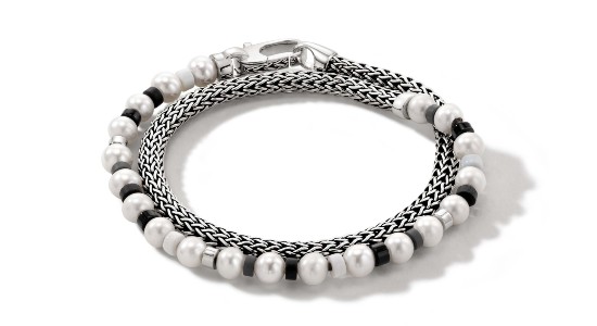 a white gold double wrap bracelet featuring pearls and beads