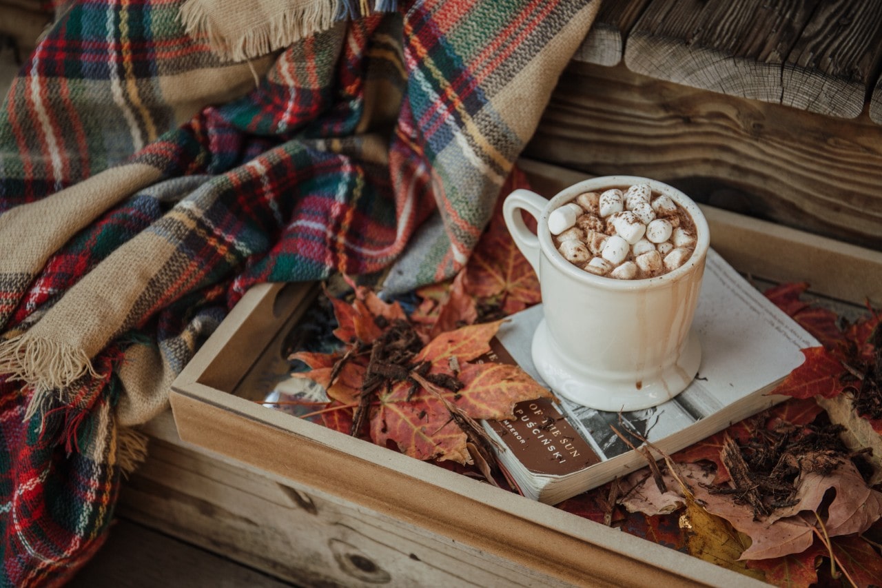 A close-up of a cozy scene featuring a blanket, a book, and a large mug of hot chocolate.